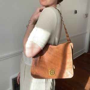 Tory Burch brown leather and gold chain link satchel shoulder bag purse